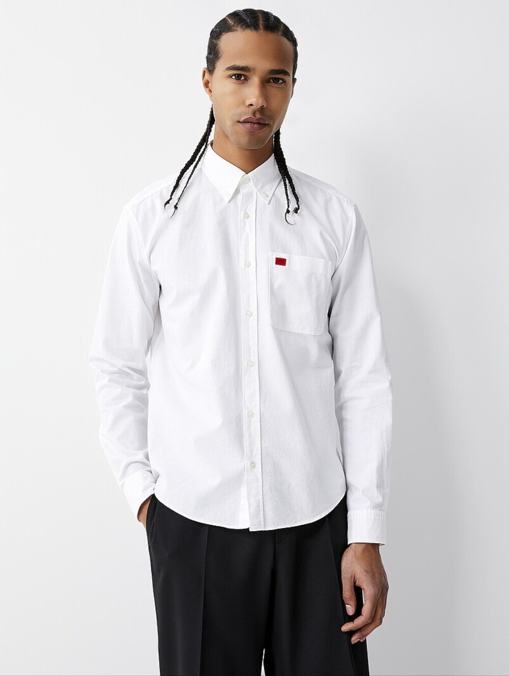 Hugo Boss White Long Sleeve Button-Down Shirt with Red Accent